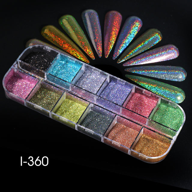 12 Grids Iridescent Nails Aurora Glitter Crystal Fire Flakes Holographic Sparkle Sequins Charms Gel Polish Manicure Flash CHJDP