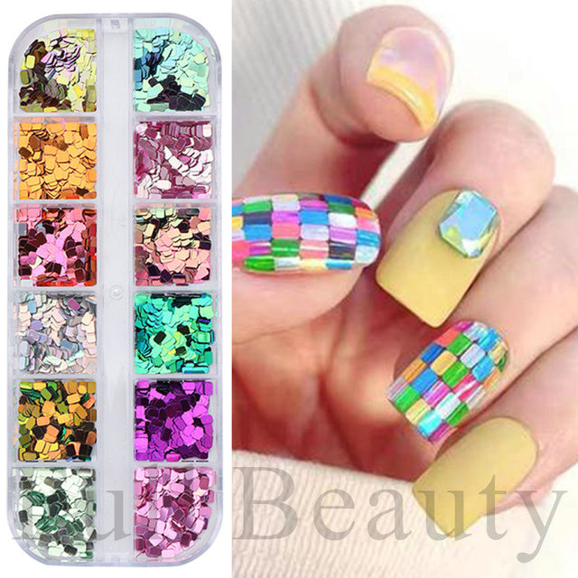 12 Grids Iridescent Nails Aurora Glitter Crystal Fire Flakes Holographic Sparkle Sequins Charms Gel Polish Manicure Flash CHJDP