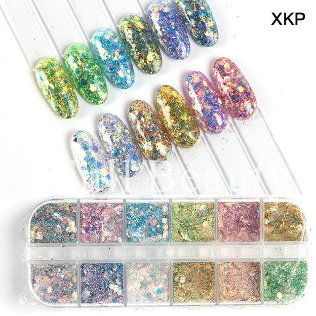 12 Grids Iridescent Nails Aurora Glitter Crystal Fire Flakes Holographic Sparkle Sequins Charms Gel Polish Manicure Flash CHJDP