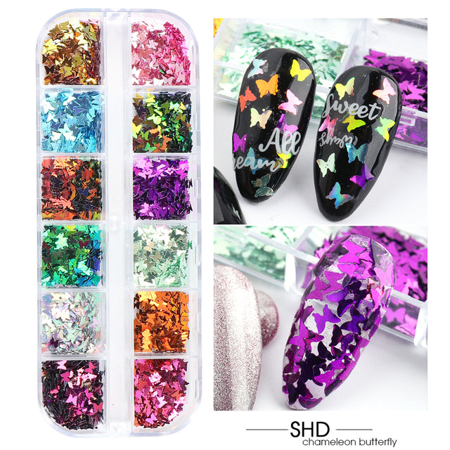 12 Grids Iridescent Nails Aurora Glitter Crystal Fire Flakes Holographic Sparkle Sequins Charms Gel Polish Manicure Flash CHJDP