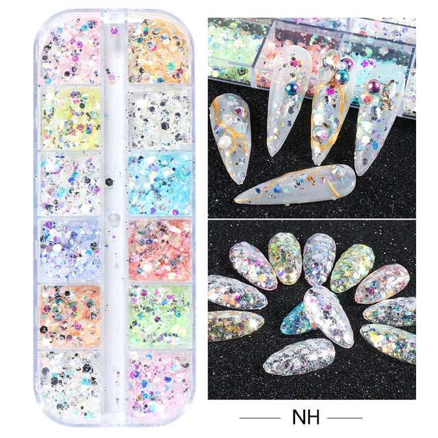 12 Grids Iridescent Nails Aurora Glitter Crystal Fire Flakes Holographic Sparkle Sequins Charms Gel Polish Manicure Flash CHJDP