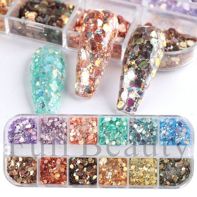 12 Grids Iridescent Nails Aurora Glitter Crystal Fire Flakes Holographic Sparkle Sequins Charms Gel Polish Manicure Flash CHJDP