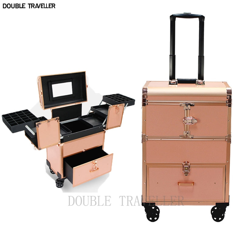 2023 New Trolley cosmetic bag,beauty luggage,Makeup nail case with wheels,Professional beauty trolley case ,rose gold suitcase