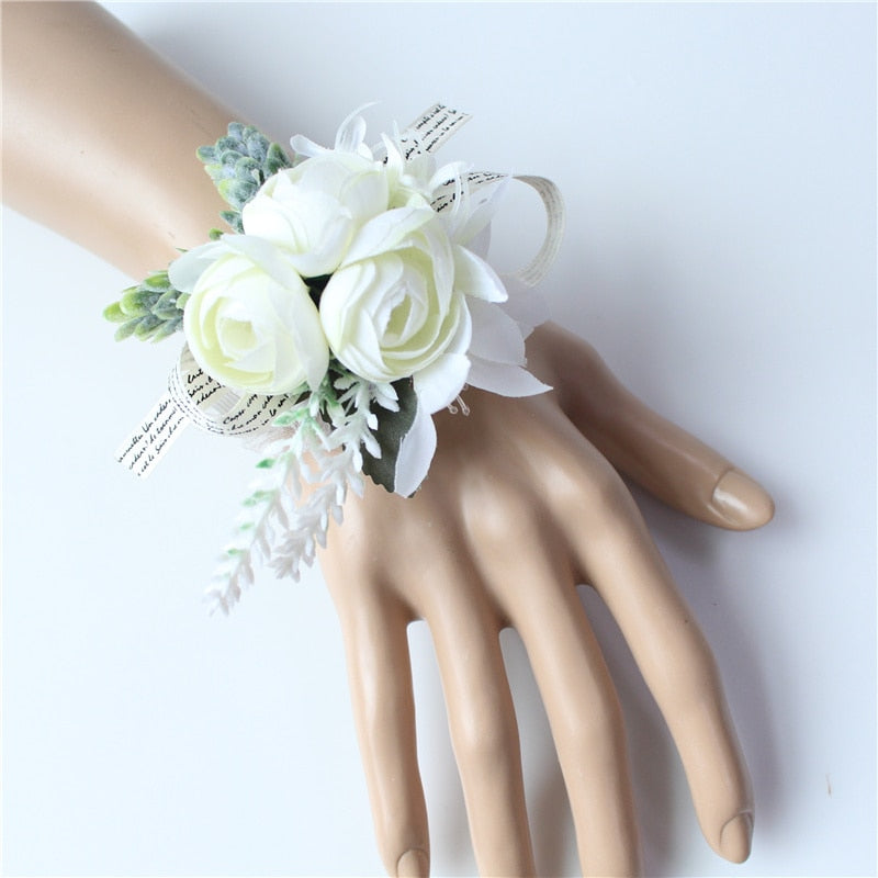 YO CHO Men Boutonniere Buttonhole Rose Brooch Bride Wedding Wrist Corsage Bracelet Groom Ceremony Flower Party Meeting Decor