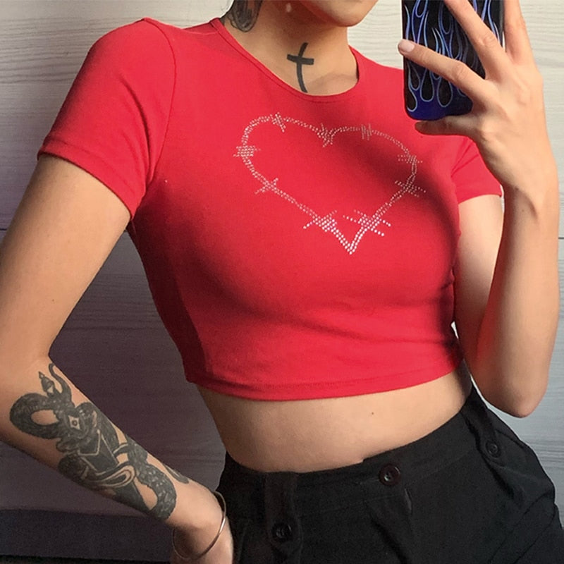 Summer Tops Women Punk Vintage Rhinestone Cosmic Letters Tshirt Black Goth Clothes Harajuku O-neck Short Sleeve Crop Top T Shirt