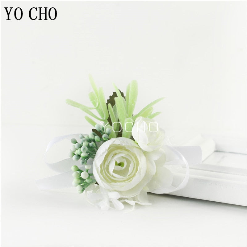 YO CHO Men Boutonniere Buttonhole Rose Brooch Bride Wedding Wrist Corsage Bracelet Groom Ceremony Flower Party Meeting Decor