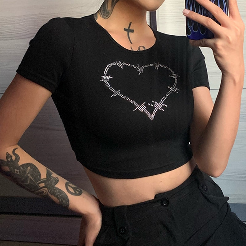 Summer Tops Women Punk Vintage Rhinestone Cosmic Letters Tshirt Black Goth Clothes Harajuku O-neck Short Sleeve Crop Top T Shirt
