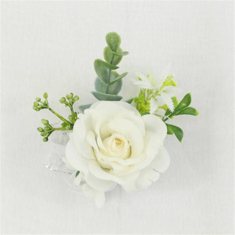 YO CHO Men Boutonniere Buttonhole Rose Brooch Bride Wedding Wrist Corsage Bracelet Groom Ceremony Flower Party Meeting Decor