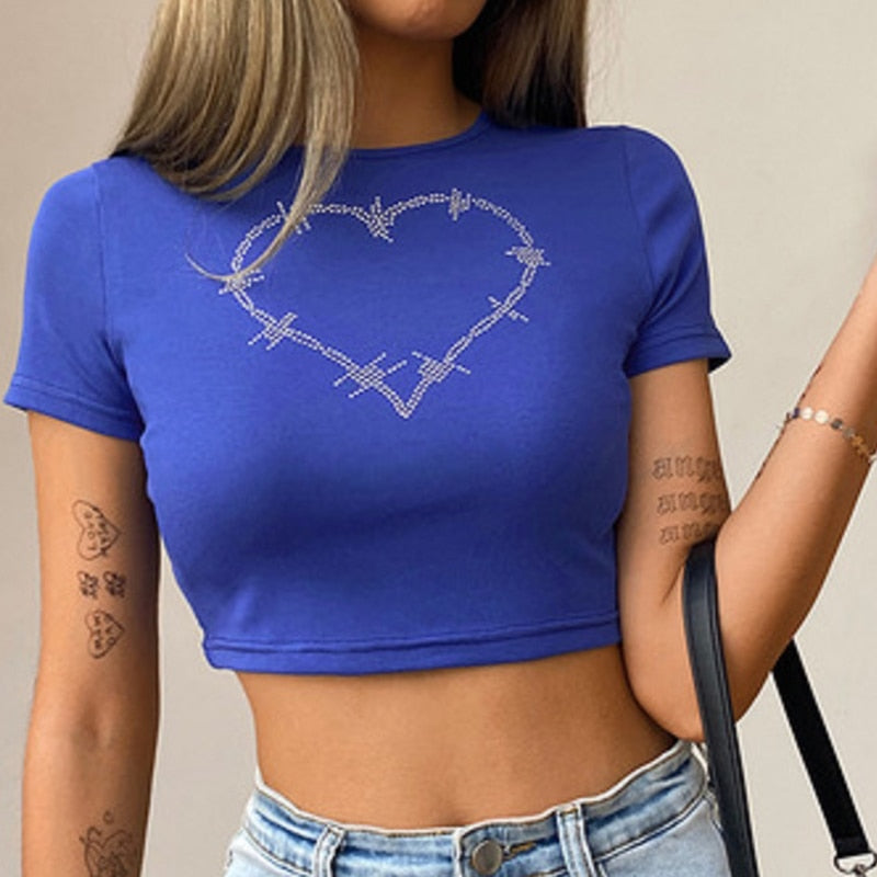 Summer Tops Women Punk Vintage Rhinestone Cosmic Letters Tshirt Black Goth Clothes Harajuku O-neck Short Sleeve Crop Top T Shirt