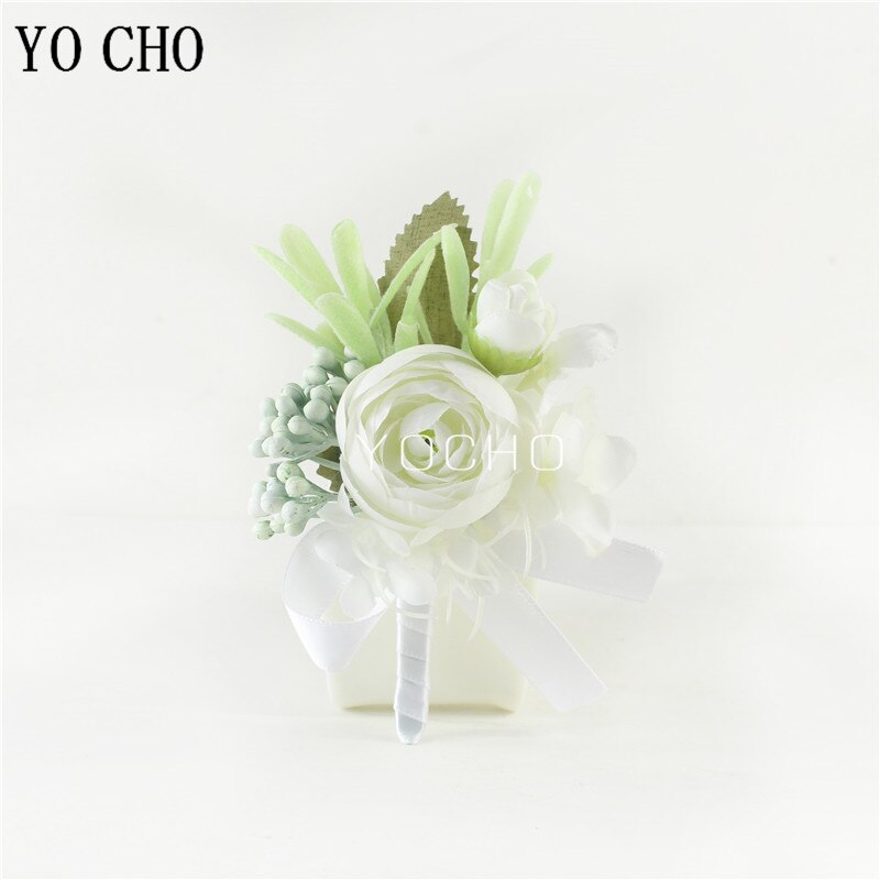 YO CHO Men Boutonniere Buttonhole Rose Brooch Bride Wedding Wrist Corsage Bracelet Groom Ceremony Flower Party Meeting Decor