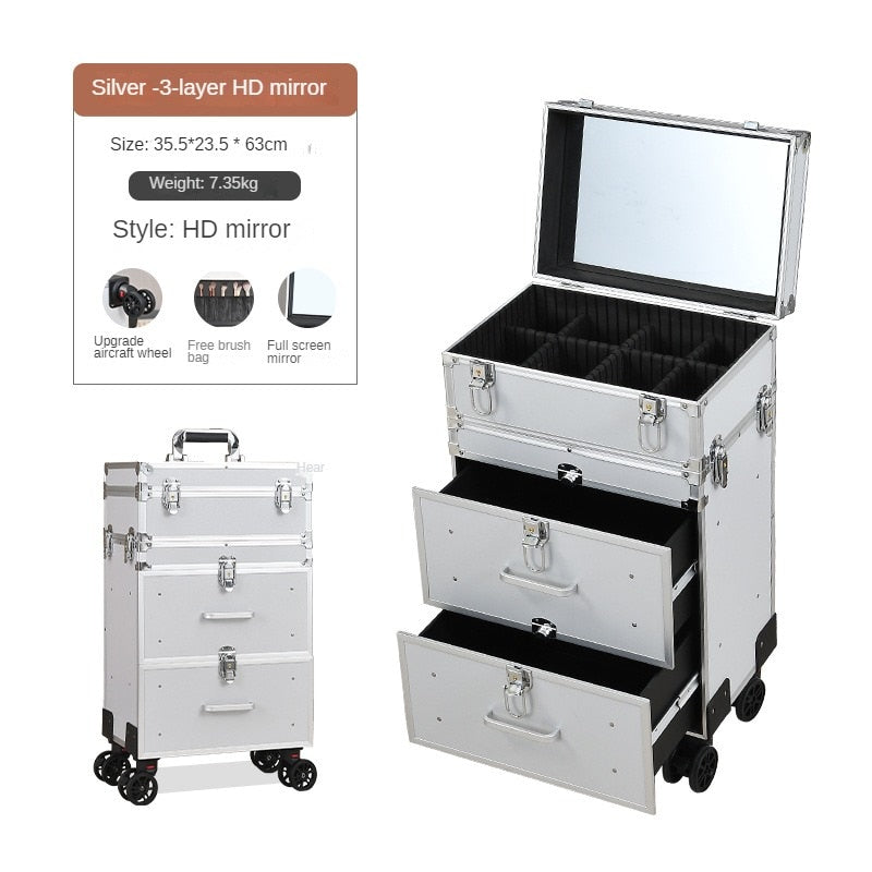 2023 New Professional Makeup Cart Wheels with Lights Large Capacity Trolley Cosmetic Case Rolling Luggage High-Quality Suitcase