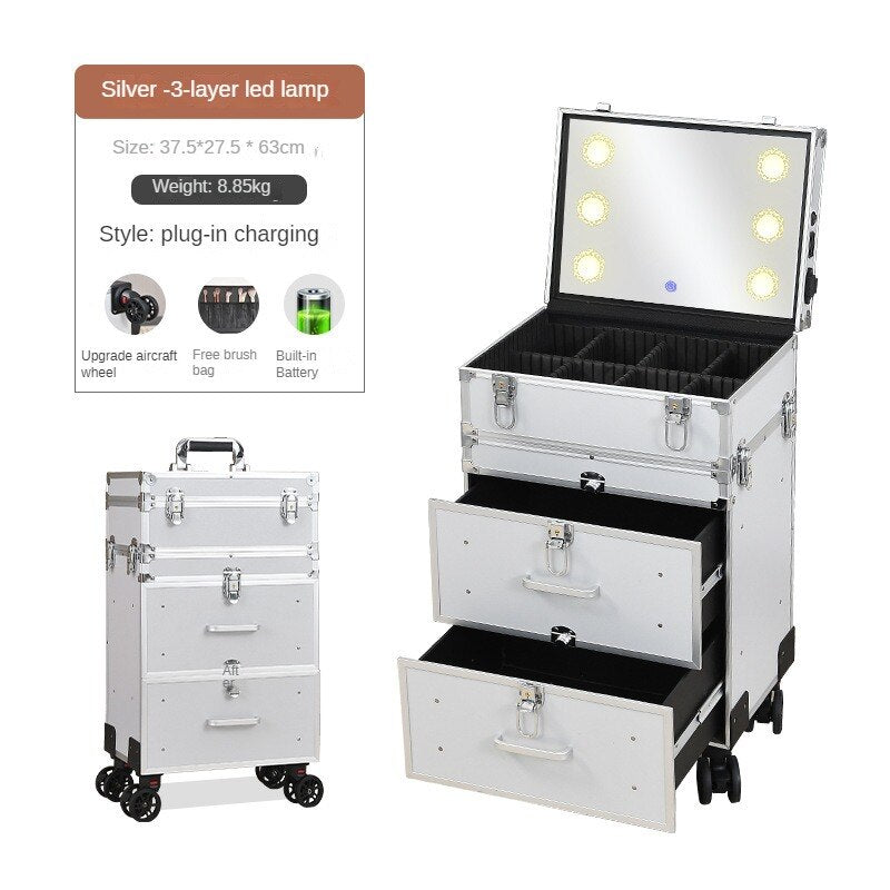 2023 New Professional Makeup Cart Wheels with Lights Large Capacity Trolley Cosmetic Case Rolling Luggage High-Quality Suitcase