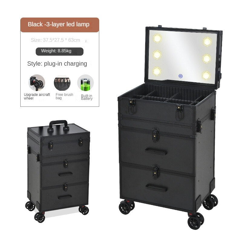 2023 New Professional Makeup Cart Wheels with Lights Large Capacity Trolley Cosmetic Case Rolling Luggage High-Quality Suitcase