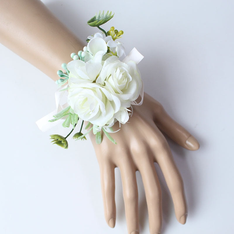 YO CHO Men Boutonniere Buttonhole Rose Brooch Bride Wedding Wrist Corsage Bracelet Groom Ceremony Flower Party Meeting Decor