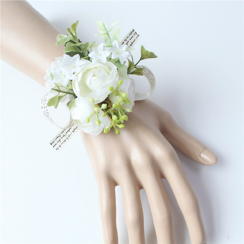 YO CHO Men Boutonniere Buttonhole Rose Brooch Bride Wedding Wrist Corsage Bracelet Groom Ceremony Flower Party Meeting Decor