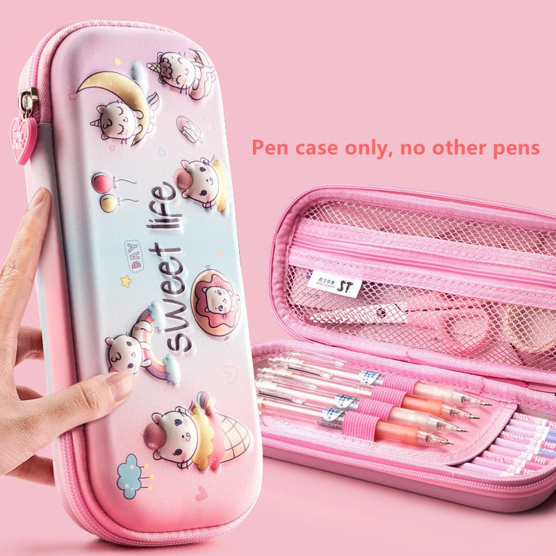 3D Unicorn EVA cute pencil box School student stationery box Children pencil storage box Three layer large capacity pencil case