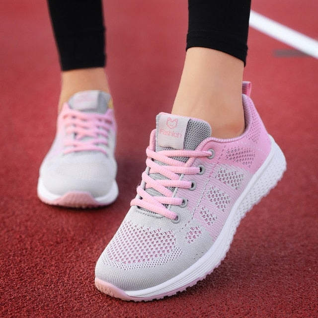 Women Casual Shoes Breathable Walking Mesh Lace Up Flat Shoes Sneakers Women Tenis Feminino Pink Black White