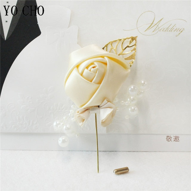 YO CHO Wedding Corsage Flower Silk Rose Groom Boutonniere Buttonhole Pin Boutonniere Men Wedding Planner Marriage Corsage Flower