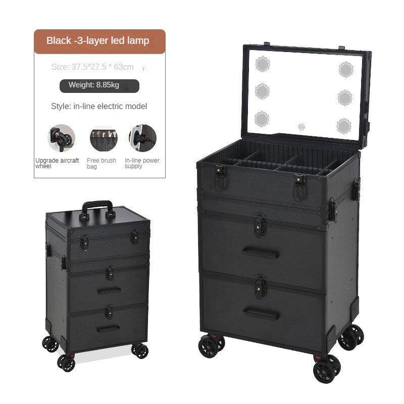 2023 New Professional Makeup Cart Wheels with Lights Large Capacity Trolley Cosmetic Case Rolling Luggage High-Quality Suitcase