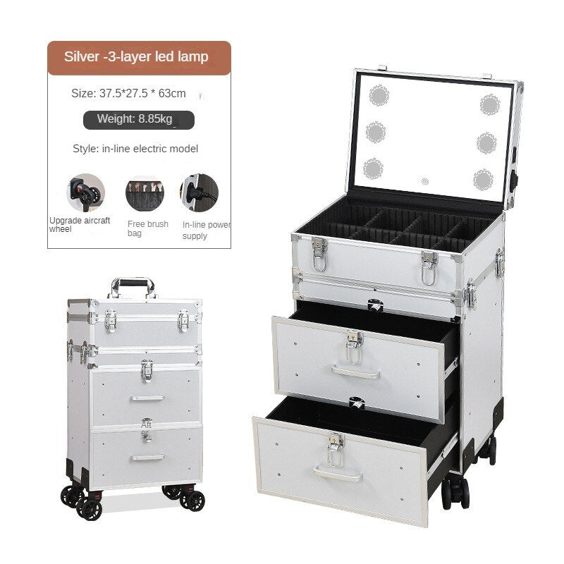 2023 New Professional Makeup Cart Wheels with Lights Large Capacity Trolley Cosmetic Case Rolling Luggage High-Quality Suitcase