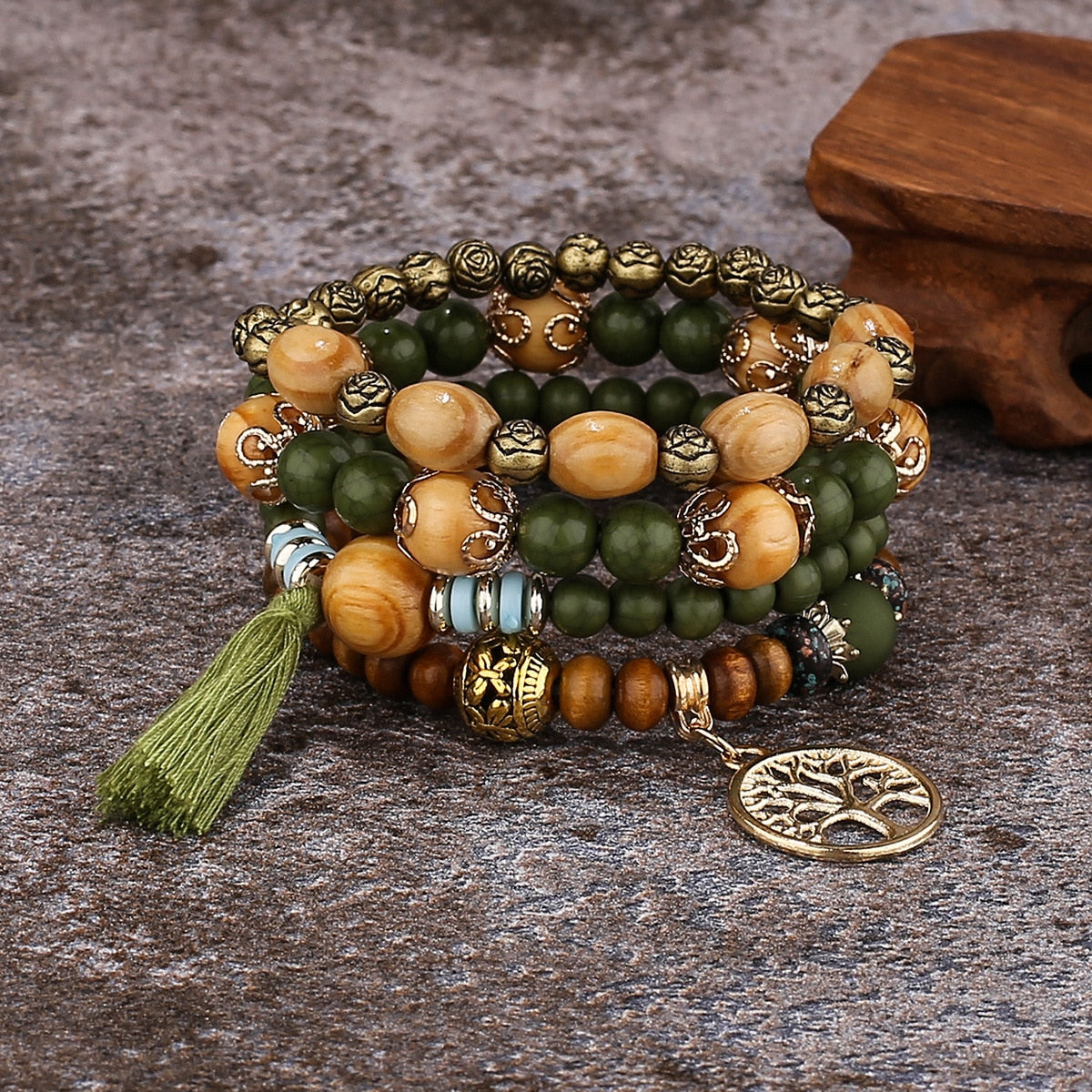 4Pcs Bohemia Tree Of Life Charm Beaded Bracelet Set For Women Handmade Wood Beads Chain Bangle Female Boho Jewelry