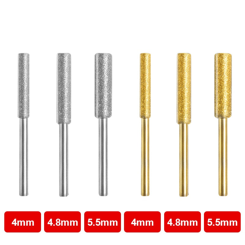 3/4/5/6pcs Diamond Coated Cylindrical Burr 4/4.8/5.5mm Chainsaw Sharpener Stone File Chain Saw Sharpening Carving Grinding Tools