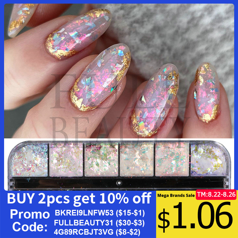 12 Grids Iridescent Nails Aurora Glitter Crystal Fire Flakes Holographic Sparkle Sequins Charms Gel Polish Manicure Flash CHJDP