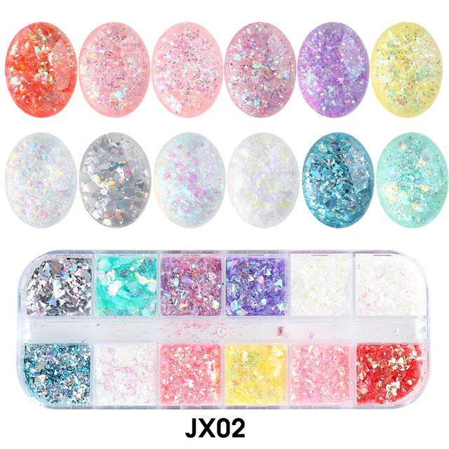 12 Grids Iridescent Nails Aurora Glitter Crystal Fire Flakes Holographic Sparkle Sequins Charms Gel Polish Manicure Flash CHJDP