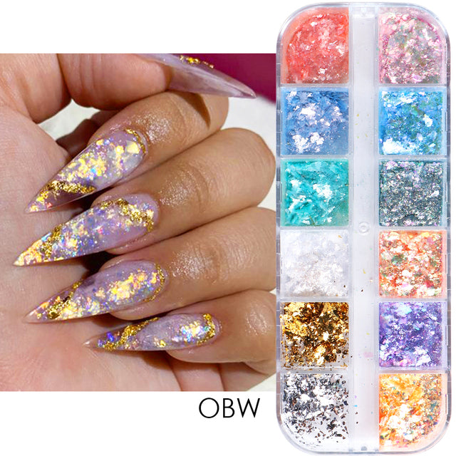 12 Grids Iridescent Nails Aurora Glitter Crystal Fire Flakes Holographic Sparkle Sequins Charms Gel Polish Manicure Flash CHJDP