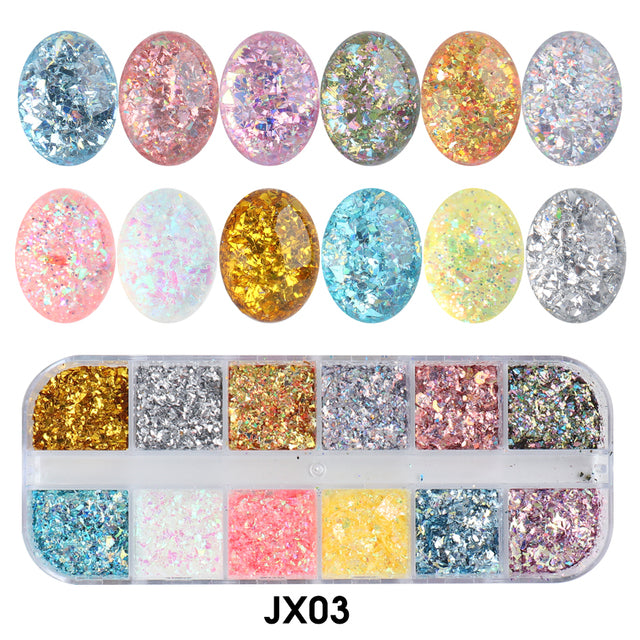 12 Grids Iridescent Nails Aurora Glitter Crystal Fire Flakes Holographic Sparkle Sequins Charms Gel Polish Manicure Flash CHJDP