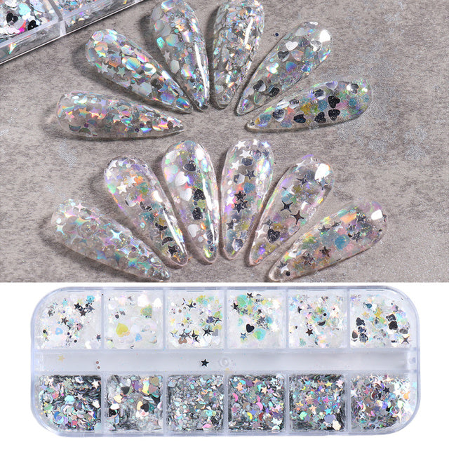 12 Grids Iridescent Nails Aurora Glitter Crystal Fire Flakes Holographic Sparkle Sequins Charms Gel Polish Manicure Flash CHJDP