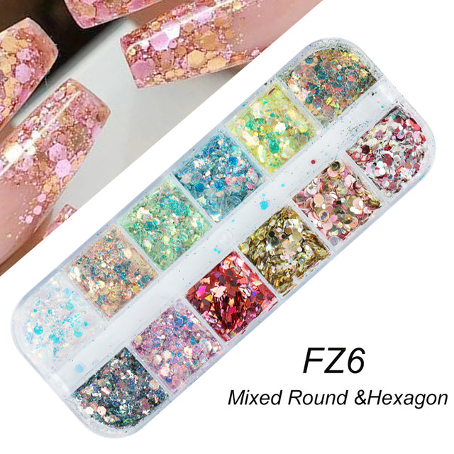 12 Grids Iridescent Nails Aurora Glitter Crystal Fire Flakes Holographic Sparkle Sequins Charms Gel Polish Manicure Flash CHJDP