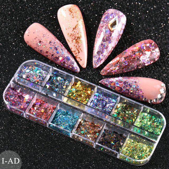 12 Grids Iridescent Nails Aurora Glitter Crystal Fire Flakes Holographic Sparkle Sequins Charms Gel Polish Manicure Flash CHJDP