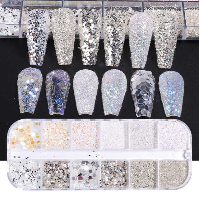 12 Grids Iridescent Nails Aurora Glitter Crystal Fire Flakes Holographic Sparkle Sequins Charms Gel Polish Manicure Flash CHJDP