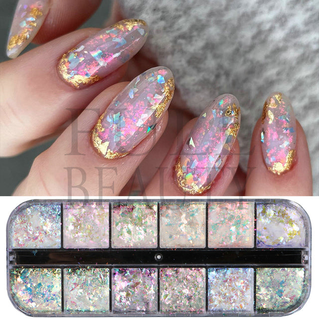 12 Grids Iridescent Nails Aurora Glitter Crystal Fire Flakes Holographic Sparkle Sequins Charms Gel Polish Manicure Flash CHJDP