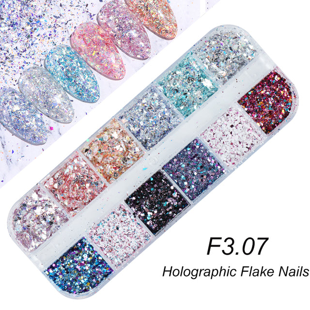 12 Grids Iridescent Nails Aurora Glitter Crystal Fire Flakes Holographic Sparkle Sequins Charms Gel Polish Manicure Flash CHJDP