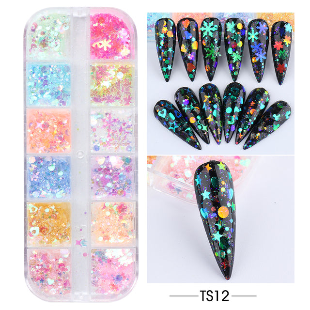 12 Grids Iridescent Nails Aurora Glitter Crystal Fire Flakes Holographic Sparkle Sequins Charms Gel Polish Manicure Flash CHJDP