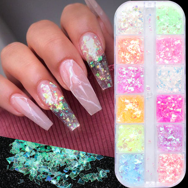 12 Grids Iridescent Nails Aurora Glitter Crystal Fire Flakes Holographic Sparkle Sequins Charms Gel Polish Manicure Flash CHJDP