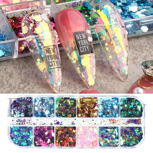 12 Grids Iridescent Nails Aurora Glitter Crystal Fire Flakes Holographic Sparkle Sequins Charms Gel Polish Manicure Flash CHJDP