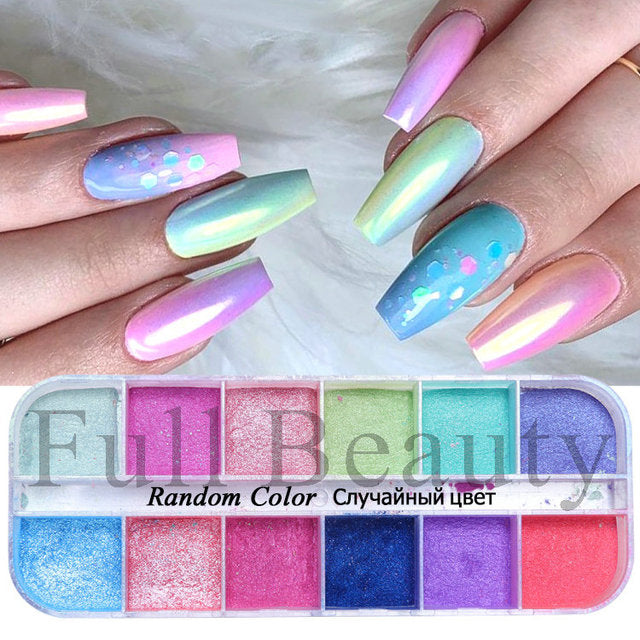 12 Grids Iridescent Nails Aurora Glitter Crystal Fire Flakes Holographic Sparkle Sequins Charms Gel Polish Manicure Flash CHJDP