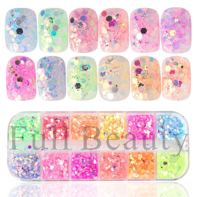 12 Grids Iridescent Nails Aurora Glitter Crystal Fire Flakes Holographic Sparkle Sequins Charms Gel Polish Manicure Flash CHJDP