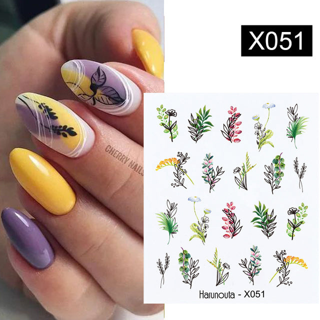 1Pc Spring Water Nail Decal And Sticker Flower Leaf Tree Green Simple Summer DIY Slider For Manicuring Nail Art Watermark