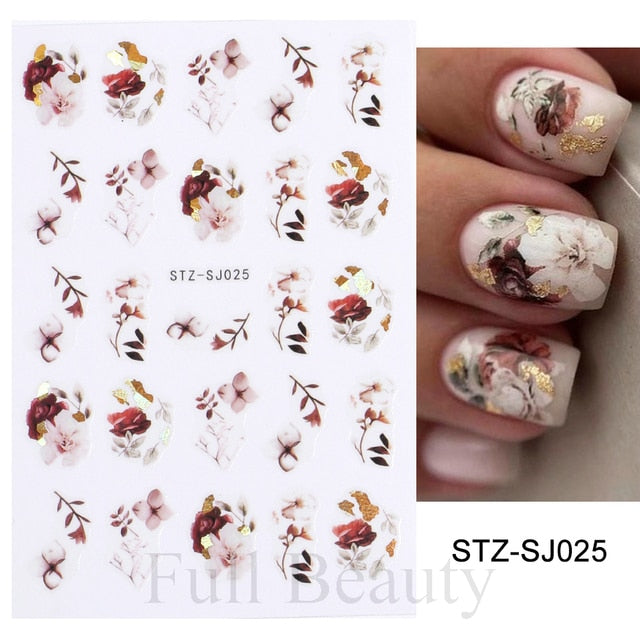 3D Fall Nail Stickers Gold Leaf Cotton Flowers Transfer Decals Nail Adhesive Sliders Manicure 2022 Autumn Decorations TRSTZ-SJ