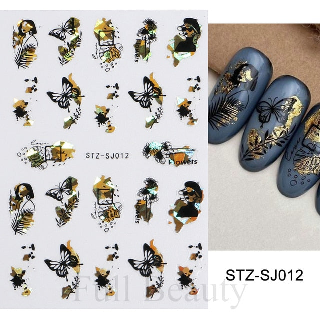 3D Fall Nail Stickers Gold Leaf Cotton Flowers Transfer Decals Nail Adhesive Sliders Manicure 2022 Autumn Decorations TRSTZ-SJ