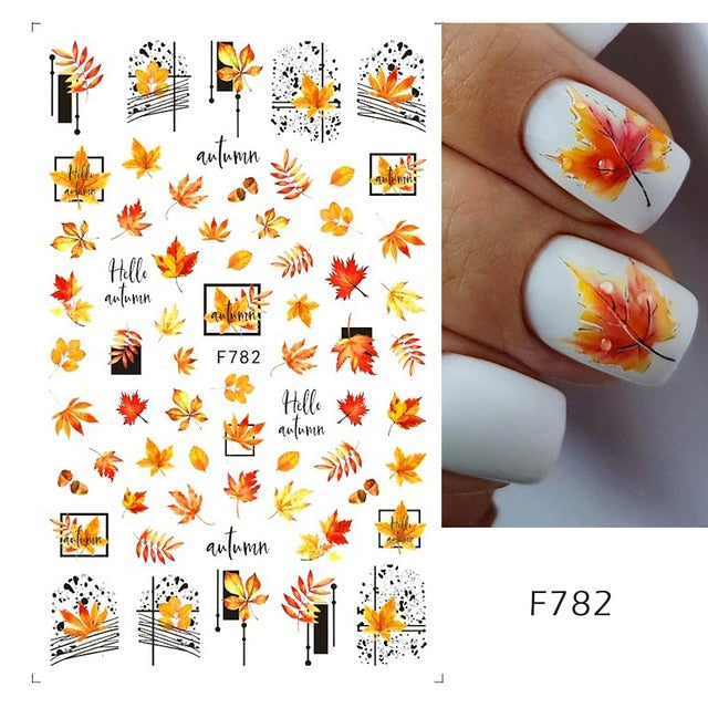 3D Fall Nail Stickers Gold Leaf Cotton Flowers Transfer Decals Nail Adhesive Sliders Manicure 2022 Autumn Decorations TRSTZ-SJ