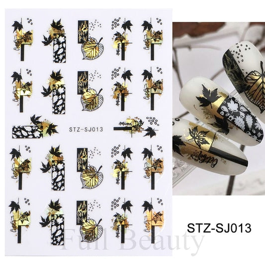 3D Fall Nail Stickers Gold Leaf Cotton Flowers Transfer Decals Nail Adhesive Sliders Manicure 2022 Autumn Decorations TRSTZ-SJ