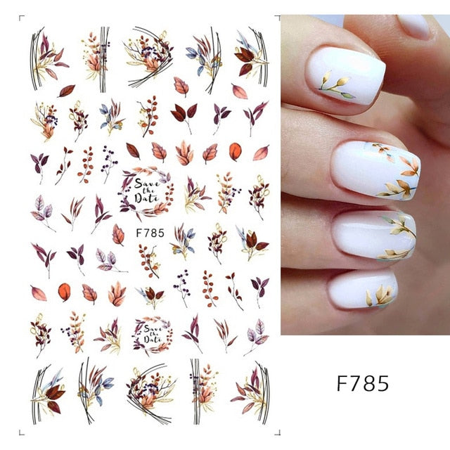 3D Fall Nail Stickers Gold Leaf Cotton Flowers Transfer Decals Nail Adhesive Sliders Manicure 2022 Autumn Decorations TRSTZ-SJ