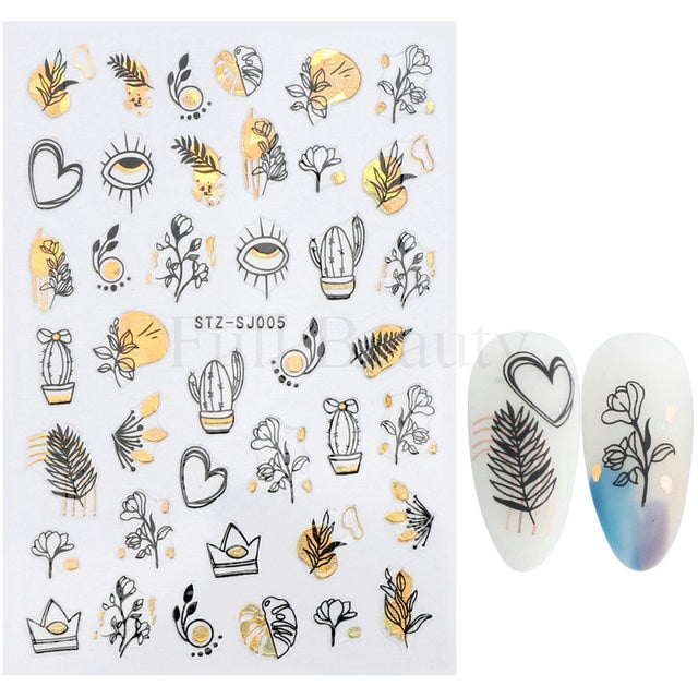 3D Fall Nail Stickers Gold Leaf Cotton Flowers Transfer Decals Nail Adhesive Sliders Manicure 2022 Autumn Decorations TRSTZ-SJ