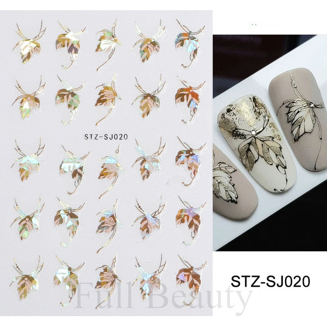 3D Fall Nail Stickers Gold Leaf Cotton Flowers Transfer Decals Nail Adhesive Sliders Manicure 2022 Autumn Decorations TRSTZ-SJ