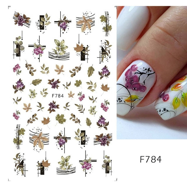 3D Fall Nail Stickers Gold Leaf Cotton Flowers Transfer Decals Nail Adhesive Sliders Manicure 2022 Autumn Decorations TRSTZ-SJ